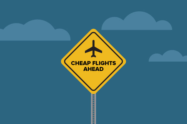 An illustration of a "planes overhead" warning sign but with the text "Cheap flights ahead" written on it instead.