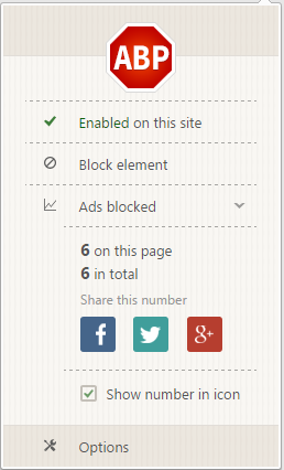 Adblock Plus in action, recording each blocked ad