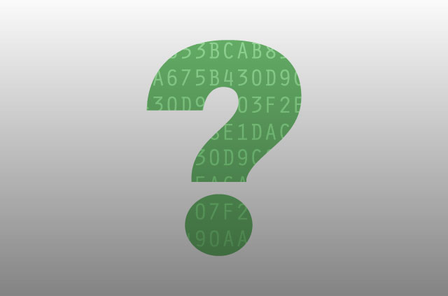 An illustration of a large green question mark. Inside the question mark, there is a stream of letters and numbers to symbolize code (like they did in the Matrix).