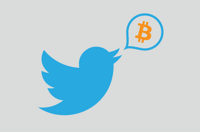 A Twitter icon tweets a Bitcoin logo from her mouth.