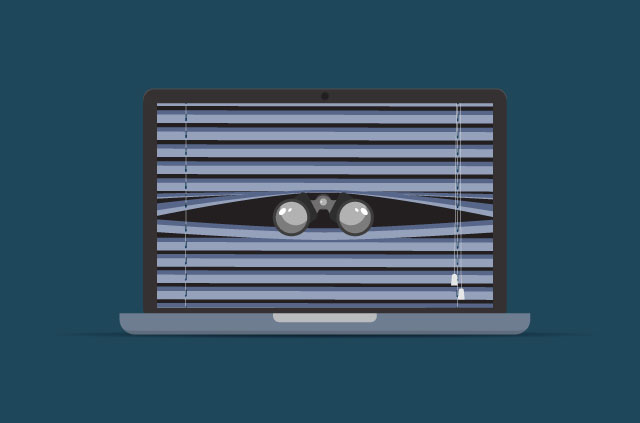 A laptop with a Venetian blind as a desktop image. But there's a twist! Binoculars peek through the blind. Nice.