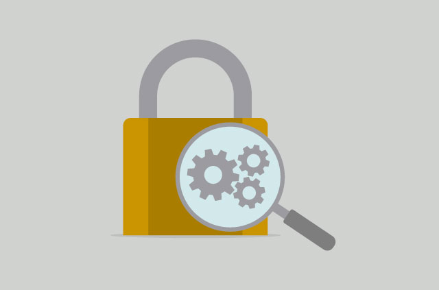 An illustration of a lock with a magnifying glass held over it. The lens on the magnifying glass reveals the inner workings of the lock. As if the magnifying glass were some sort of magic x-ray machine, possibly from the future.