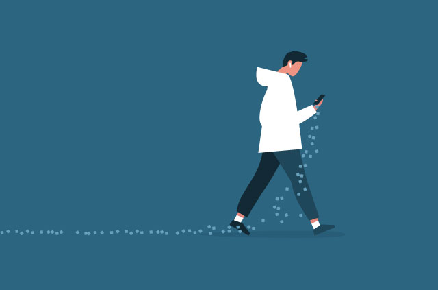 An illustration of a man walking with a phone as data spills onto the floor.