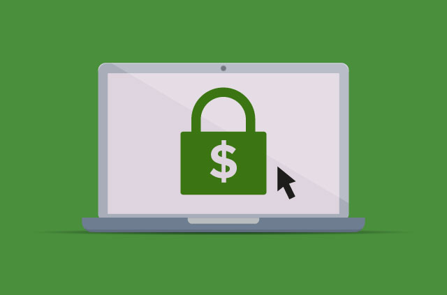 Laptop with a green padlock with a dollar sign on it.