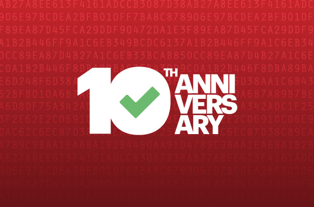 A red background with white text. The text says "10th anniversary".