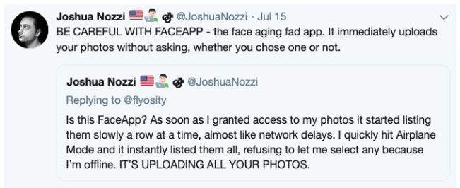 A deleted Joshua Nozzi Tweet about Faceapp.