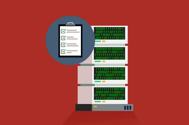 An illustration of a block of servers and a checklist on a notepad.