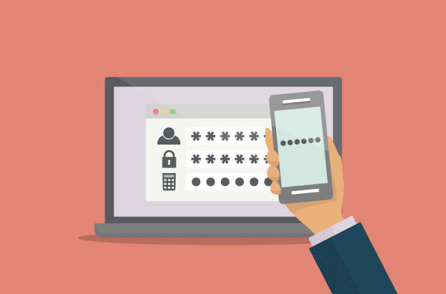 An illustration of a laptop with password fields with asterisks. However, in front of the laptop is a hand holding a phone. The phone has open some kind of 2FA app. Nice.