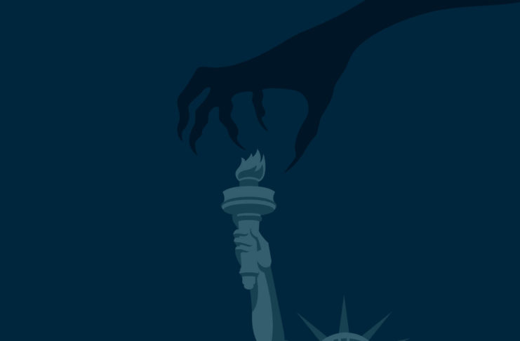 Statue of Liberty torch with a hand reaching down.