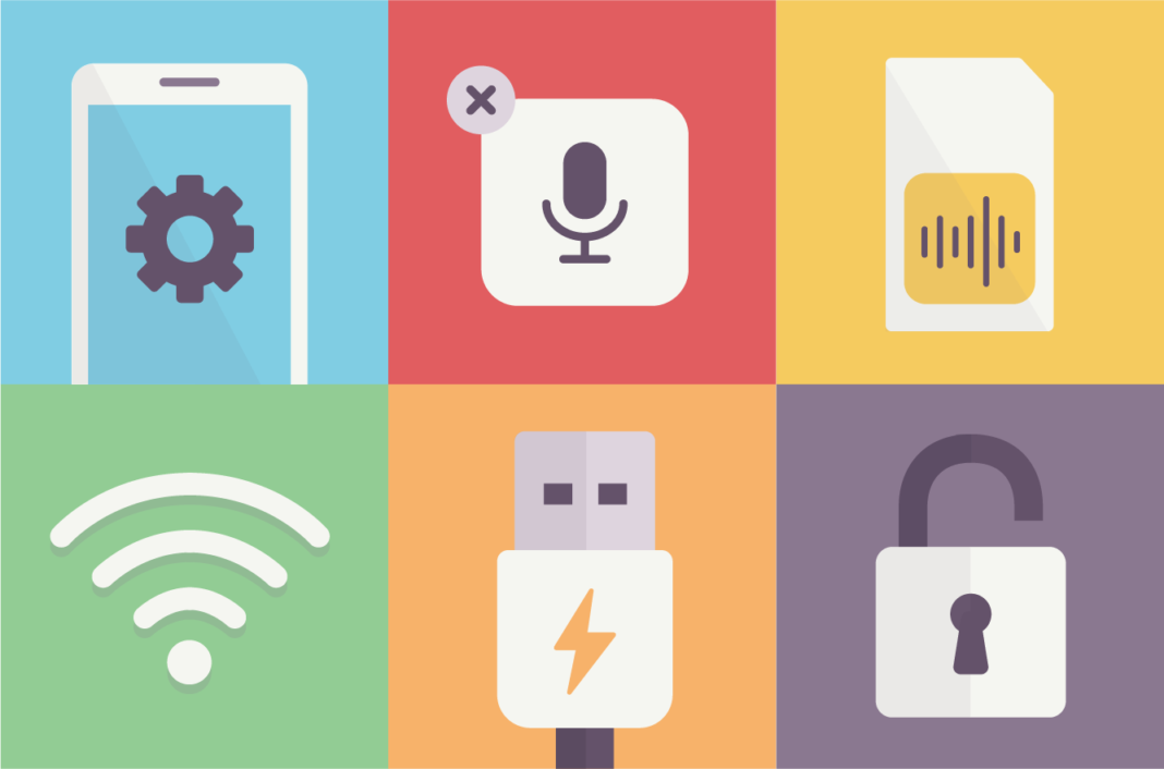 A collage of images related to mobile devices, e.g.: a Sim card and a USB socket.