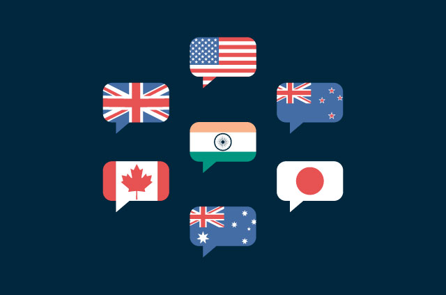 Message bubbles made up of US, UK, Australia, Japan, New Zealand, Canada, UK, and India flags