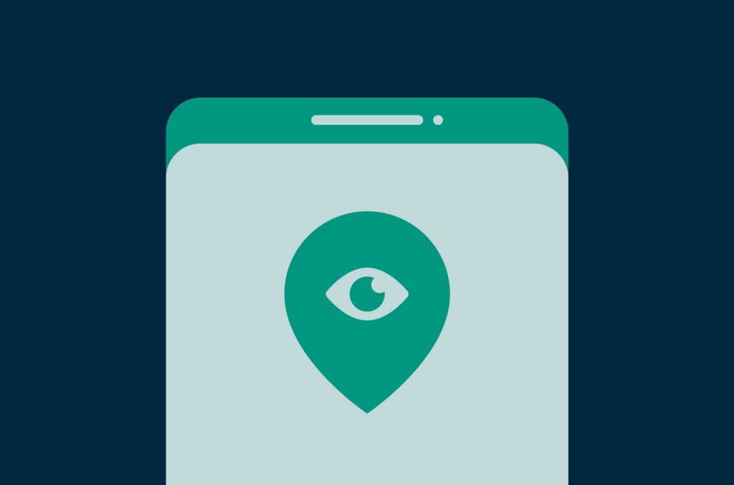 Location symbol with an eye on a phone.